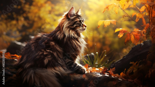 A Maine Coon cat perched on a rock amidst a lush forest setting, observing its surroundings