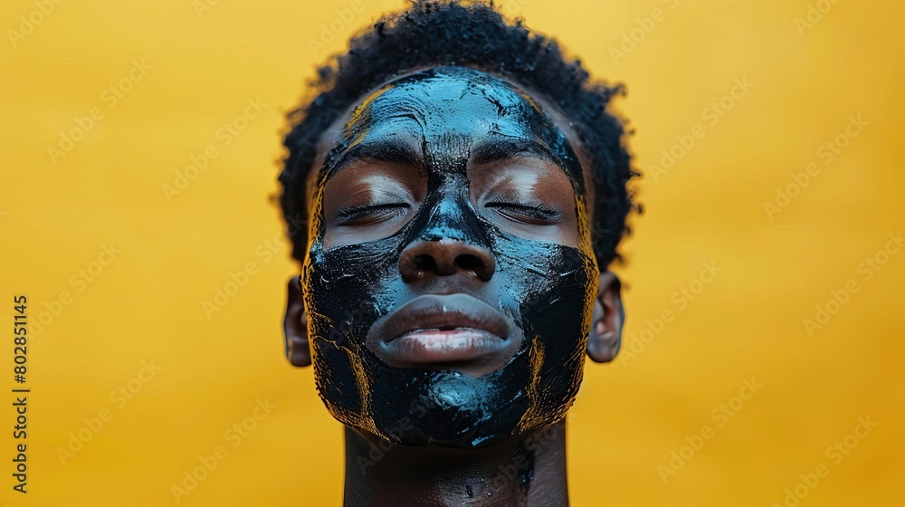 A young man with a black facial mask on his face. He has his eyes closed and is looking relaxed. The background is a bright yellow color. A young man with a black facial mask on his face. He has his eyes closed and is looking relaxed. The background is a bright yellow color.