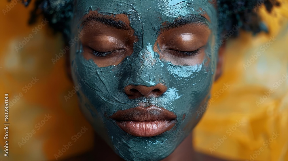 A young woman with a green facial mask on her face. She has her eyes closed and is relaxed.