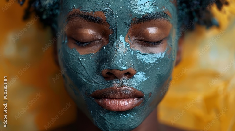 A young woman with a green facial mask on her face. She has her eyes closed and is relaxed. A young woman with a green facial mask on her face. She has her eyes closed and is relaxed.