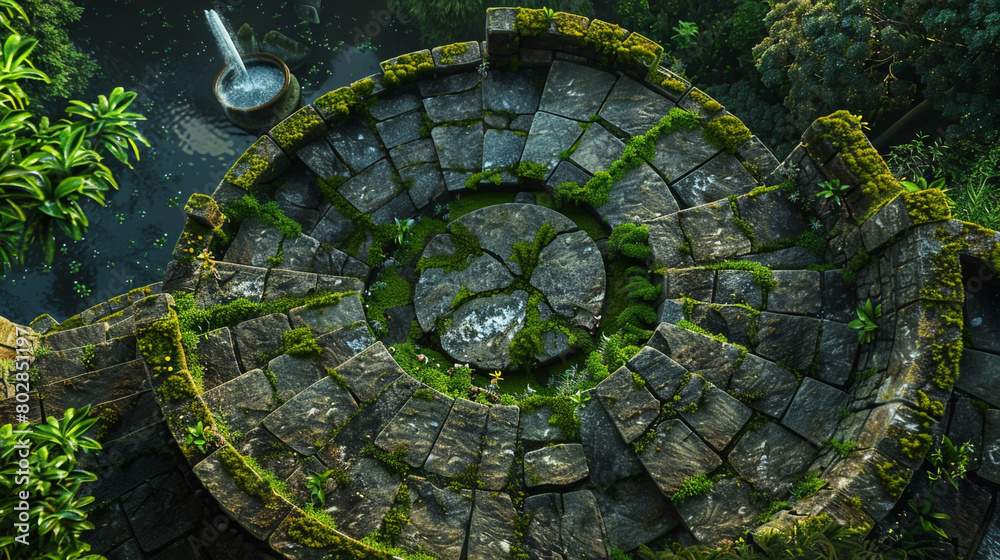 Aerial view of a moss-covered stone staircase in a garden, tranquil fountain sounds.