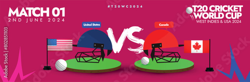 Cricket World Cup t20 Match 01 in 2024. United States of America vs Canada 2024. Cricket World Cup Match One. Cricket Ball, Helmet and Bat. Vs match social media cover or poster. photo