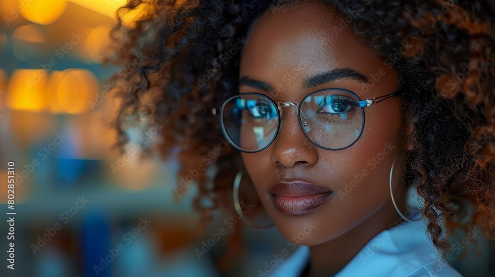 I want a professional headshot of a confident young woman wearing glasses