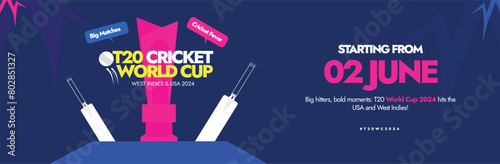 T20 Cricket World Cup 2024. T20 cricket world cup held in America and West indies cover banner with silhouette 2024 trophy, bats, ball . World cup banner with official colour theme.  photo