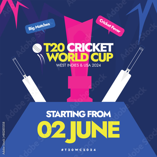 T20 Cricket World Cup 2024. T20 cricket world cup held in America and West indies banner with silhouette 2024 trophy, bats, ball . World cup banner with official colour theme. Conceptual banner.