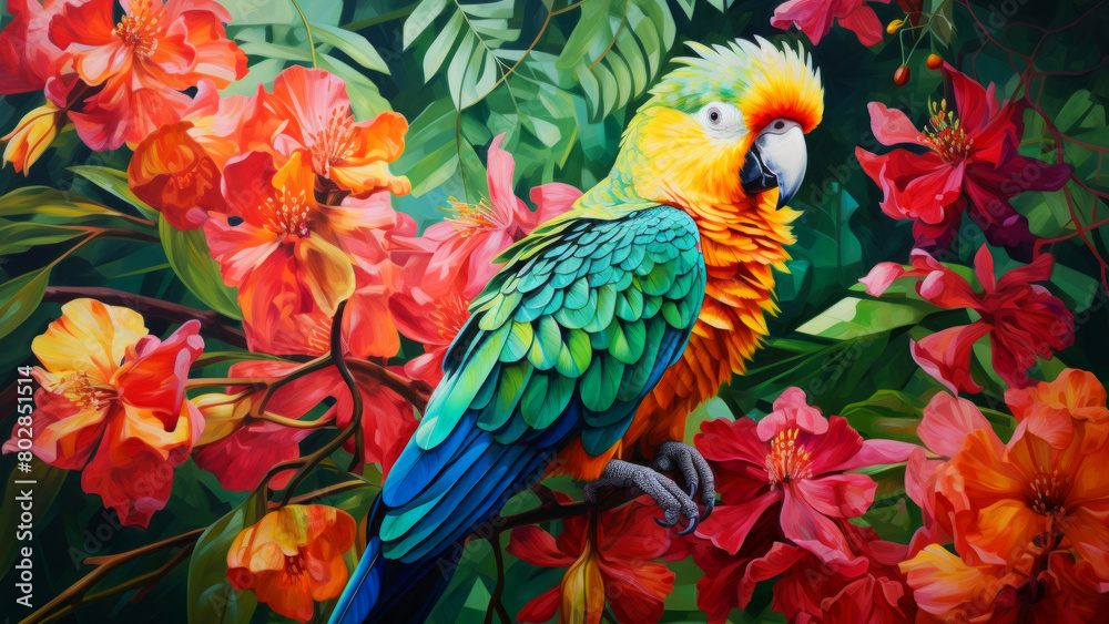 Fototapeta premium Vibrant parrot with colorful feathers sitting on a tree branch in the tropical forest
