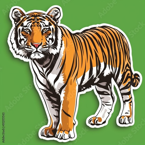 A tiger illustration in normal colors as a sticker with a white outline on a green background