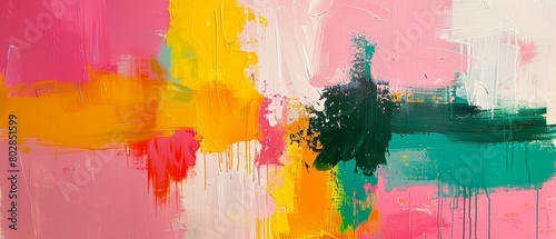 An abstract painting using a combination of pink, yellow, and green, creating a vibrant and energetic composition