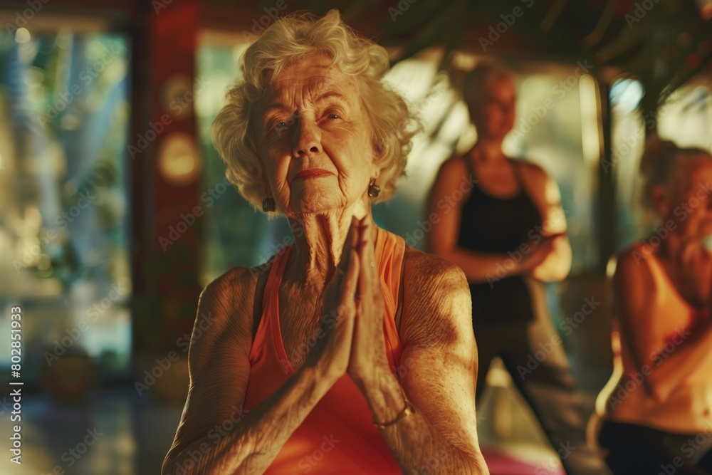 Vibrant and empowering image of a senior woman leading a yoga session in a tropical setting, showcasing active aging and community engagement in fitness.
Vibrant and empowering image of a senior woman leading a yoga session in a tropical setting, showcasing active aging and community engagement in fitness.