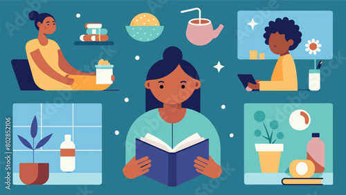 A series of illustrations featuring a person moving through a selfcare routine from taking a bath to practicing gratitude to reading before bed..