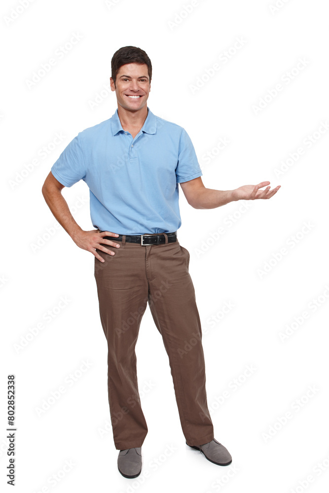 Fototapeta premium Happy, businessman and hands for choice, option and advertising in studio. Male person and real estate agent smile with open palm for promotion, mockup space or announcement for feedback in portrait