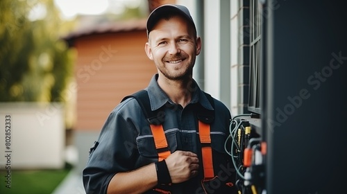 Caucasian electrician in uniform with a tool near a residential building looks at the camera smiling. Service worker repairing security systems