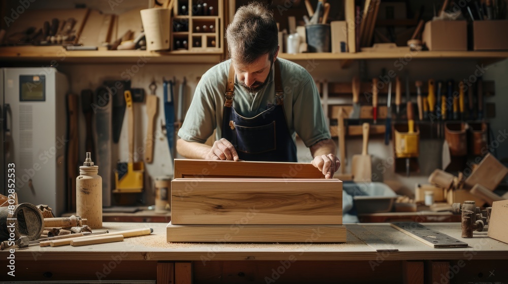 An experienced artisan carefully shapes wooden elements, demonstrating the art of fine woodworking in his cluttered workshop. AIG41