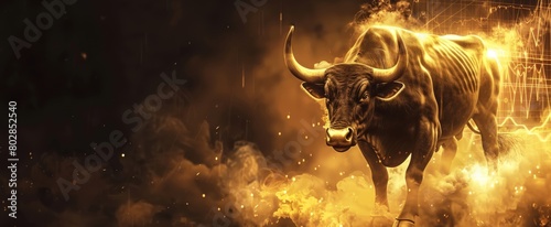 Majestic golden bull against a fiery digital background with sparks and light