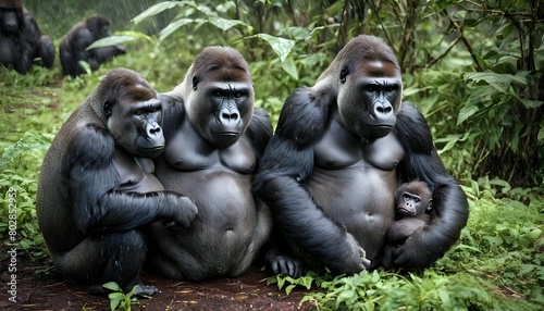 A Family Of Gorillas Huddled Together Under A Make
