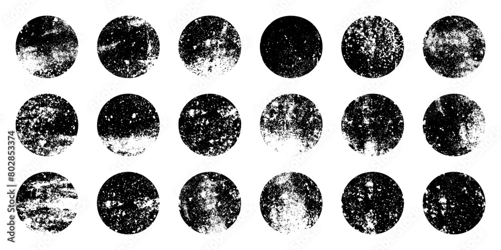 Grunge circles with stains and scratches. Circle brush stroke, round shape design element. Distressed dirty text frame, border, sticker or label. Paintbrush, ink stains. Vector illustration Grunge circles with stains and scratches. Circle brush stroke, round shape design element. Distressed dirty text frame, border, sticker or label. Paintbrush, ink stains. Vector illustration