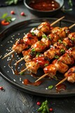 Grilled chicken skewers on a plate with sauce. Juicy chicken pieces with vegetables