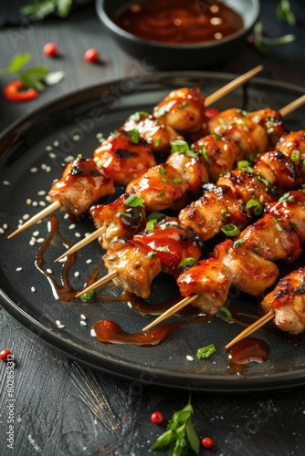 Grilled chicken skewers on a plate with sauce. Juicy chicken pieces with vegetables