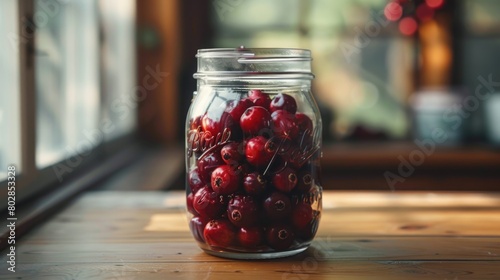Jars of preserved cherries on a wooden shelf.