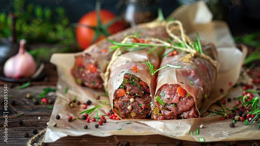 Raw beef rolls stuffed with vegetables and herbs on parchment paper.