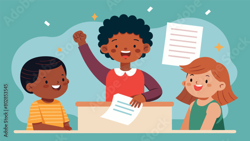 A child eagerly submitting their essay to a panel of judges their face beaming with pride as they share their thoughts on the significance of. Vector illustration