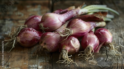 Fresh red onions with green shoots on rustic wooden surface. Close-up agricultural photography.