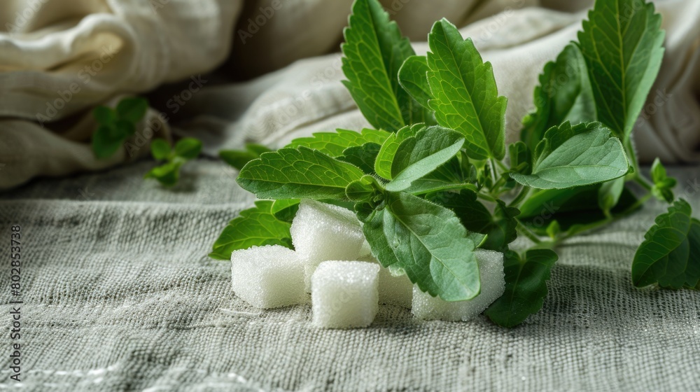 Stevia leaves and white sugar cubes on a dark slate background. Close-up ingredient photography.