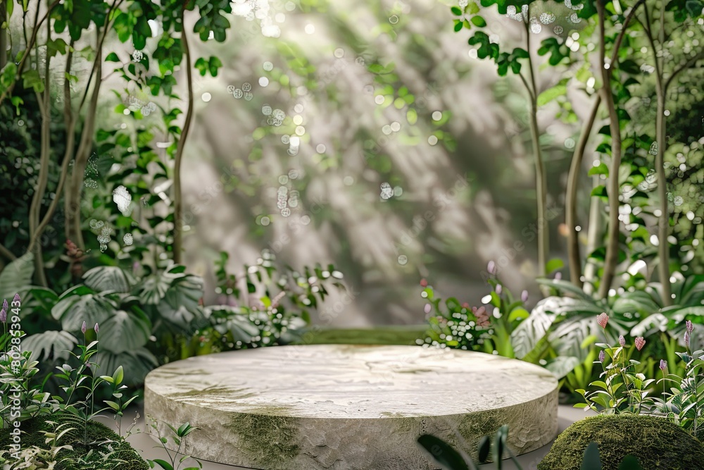 Flat stone podium in the magical forest empty round stand background