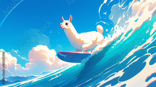 A white llama surfing on a wave at the ocean photo
