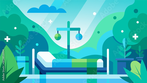 A soothing color scheme of blues and greens paired with natural lighting creates a calming and peaceful atmosphere for patients undergoing ketamine.