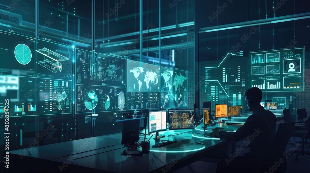 Cybersecurity Professional Monitoring Network Activity in High-Tech Control Room