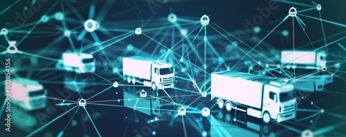 Smart fleet management system visualized with connected trucks on digital network photo