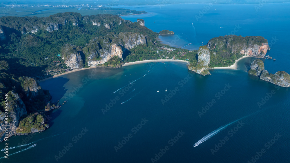 Aerial view beautiful Railay beach in Krabi province, Thailand, Railay beach in Krabi, Aerial view of Railay beach and coastline in Krabi province, Thailand.