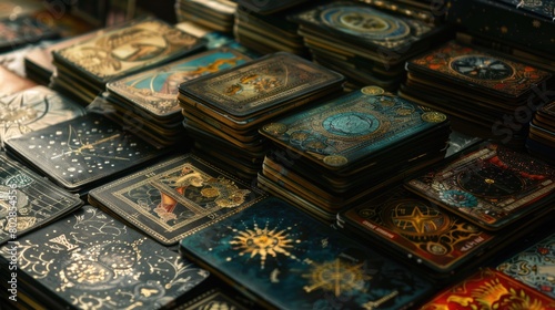 Stack of various old tarot cards. Close-up mystic and esoteric photography. © Julia Jones