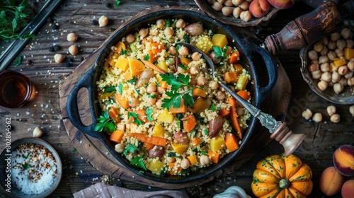 Colorful couscous salad with pumpkin, chickpeas, and herbs in a ceramic bowl.