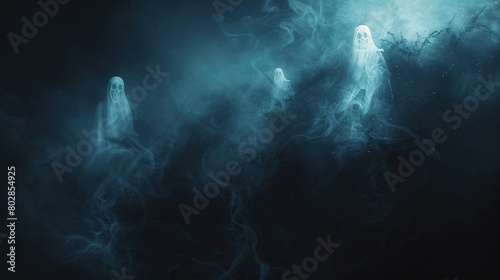 Ghostly apparitions floating through the air, their ethereal forms barely visible in the darkness photo