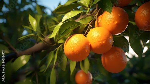 Oranges growing on the tree. Tangerine tree in sunlight.