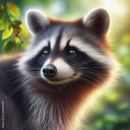 A close-up view of a beautiful raccoon looking away with a blurred nature background - Raccoon portrait illustration - Wildlife concept
