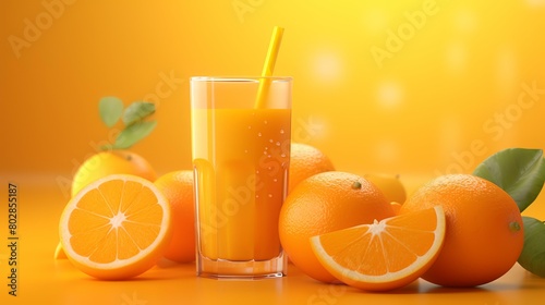 Glass of fresh orange juice and fruits on yellow background, closeup
