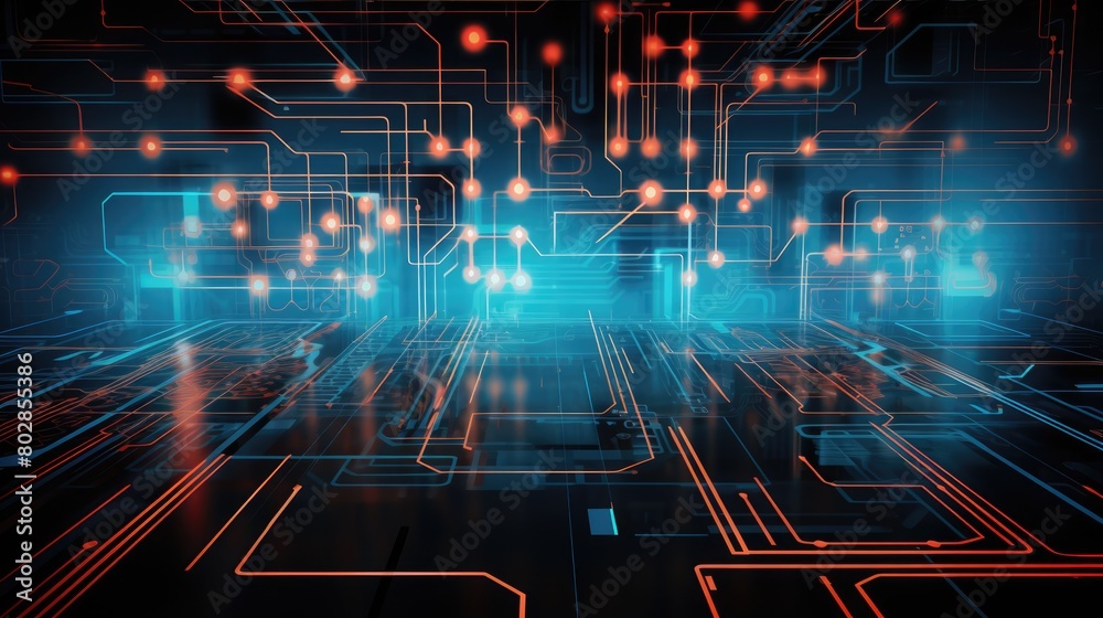 Fototapeta premium Techno grid abstract illustration - Generative AI. Microcircuit, grid, glowing, red, blue.