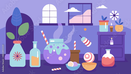The room is filled with different scents from lavender to peppermint to help students relax and focus their senses.. Vector illustration