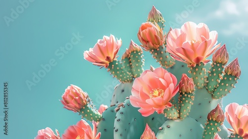Paint a portrait of a flowering cactus with vibrant pink blooms against a backdrop of blue sky