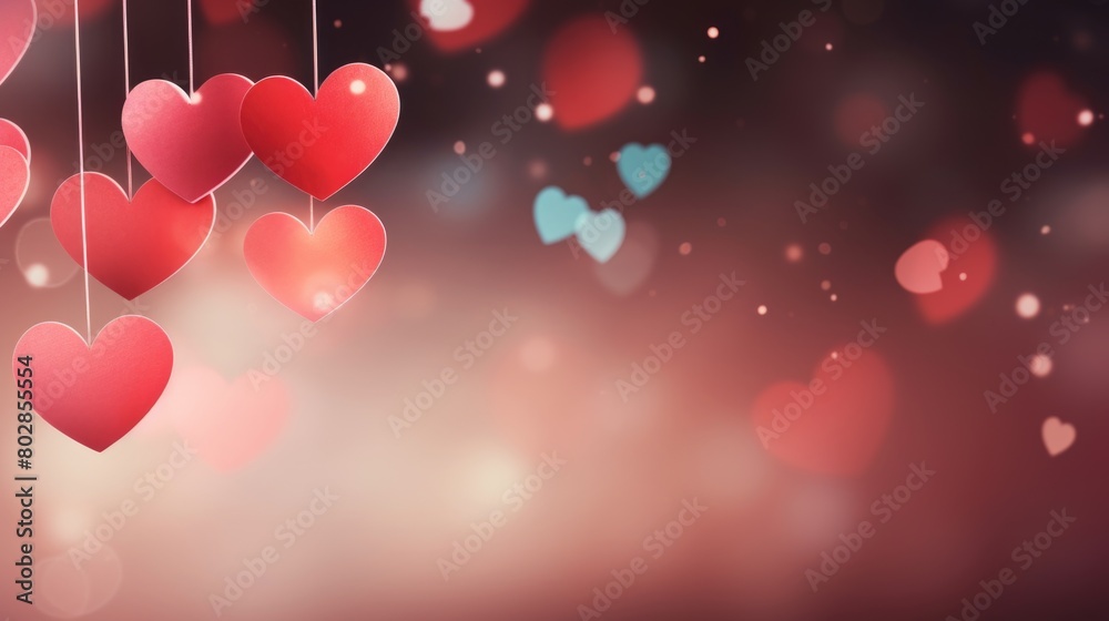 Glittering heart-shaped decorations hanging against a pink bokeh background. Love and celebration concept Glittering heart-shaped decorations hanging against a pink bokeh background. Love and celebration concept