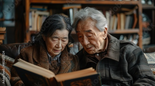 Elderly couple reading together. Intimate indoor moment with warm lighting.