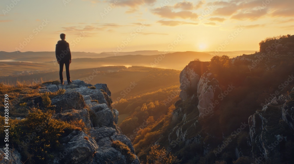 Fototapeta premium Solitary Traveler Enjoying Sunset on Mountain Peak