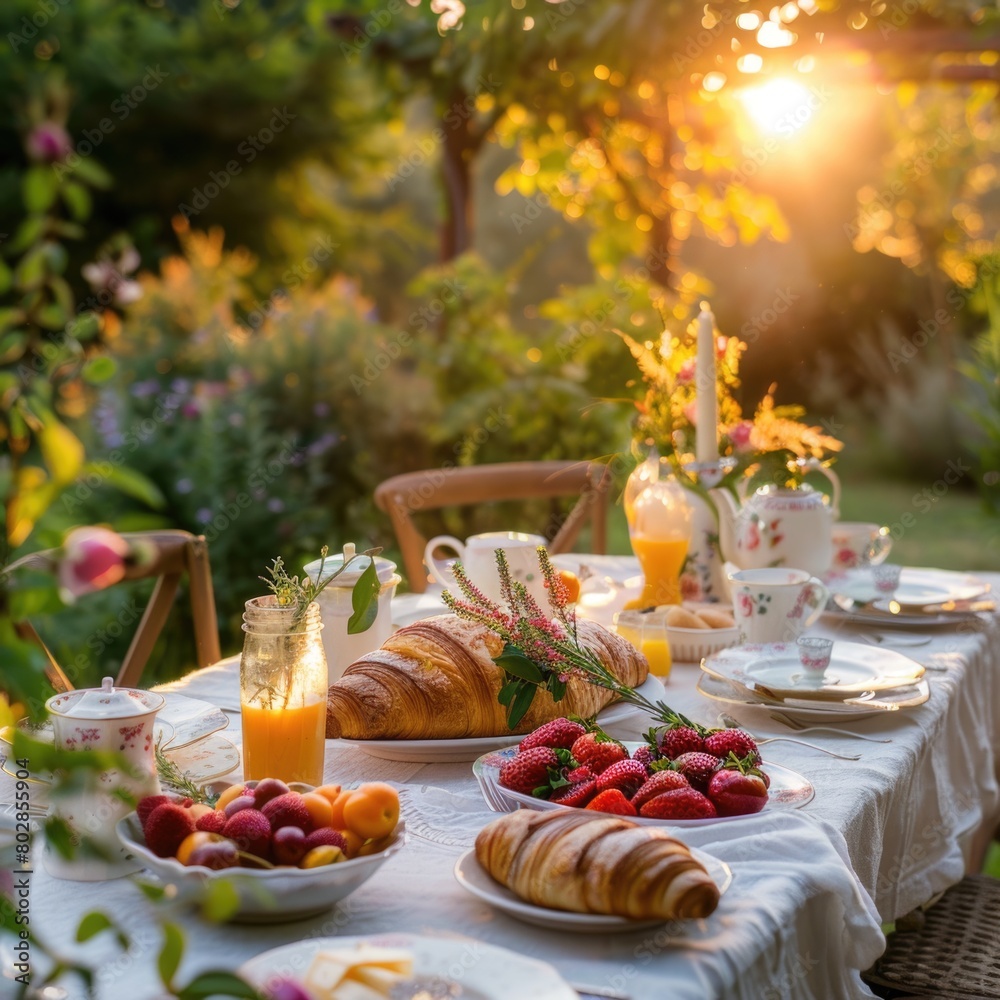 Sunset garden breakfast with fresh pastries and fruits. Sunset garden breakfast with fresh pastries and fruits.