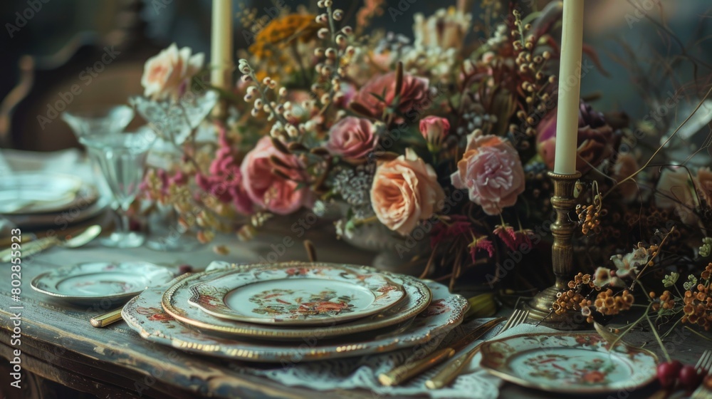 Elegant Vintage Table Setting with Floral Arrangement and Candles