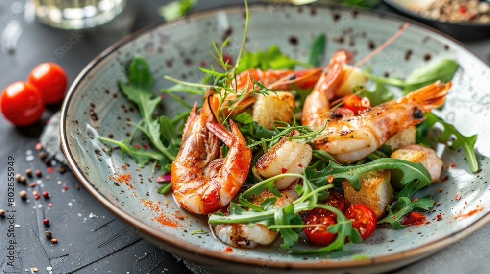 Grilled shrimp with herbs and spices on arugula salad.