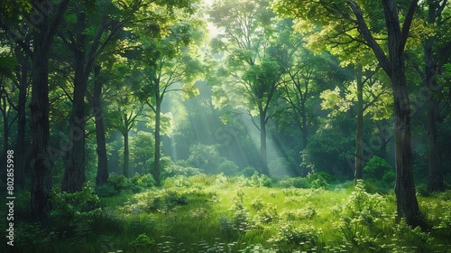Paint a peaceful forest glade with sunlight filtering through the canopy of trees