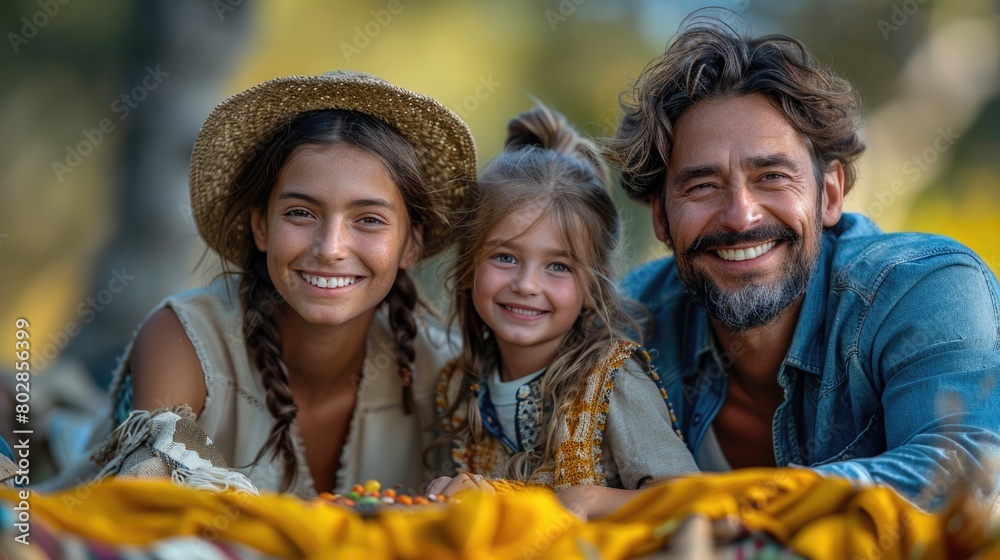 Family enjoying autumn outdoors. Portrait of a smiling father, daughter, and son